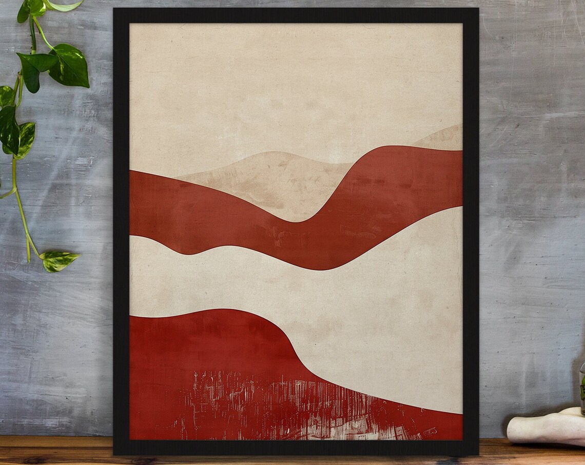Red and Cream Layered Wave Landscape Minimalist Abstract Poster