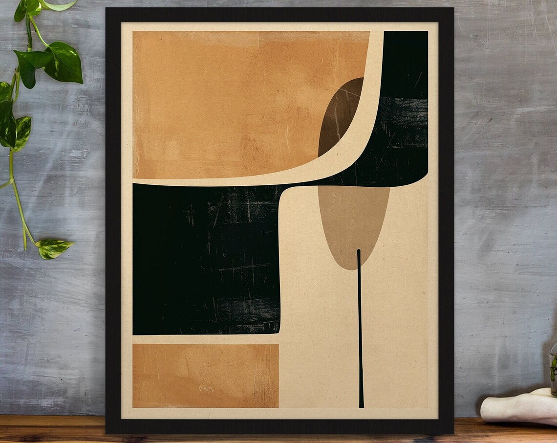Minimalist Tan and Deep Teal Abstract Mid Century Art Poster