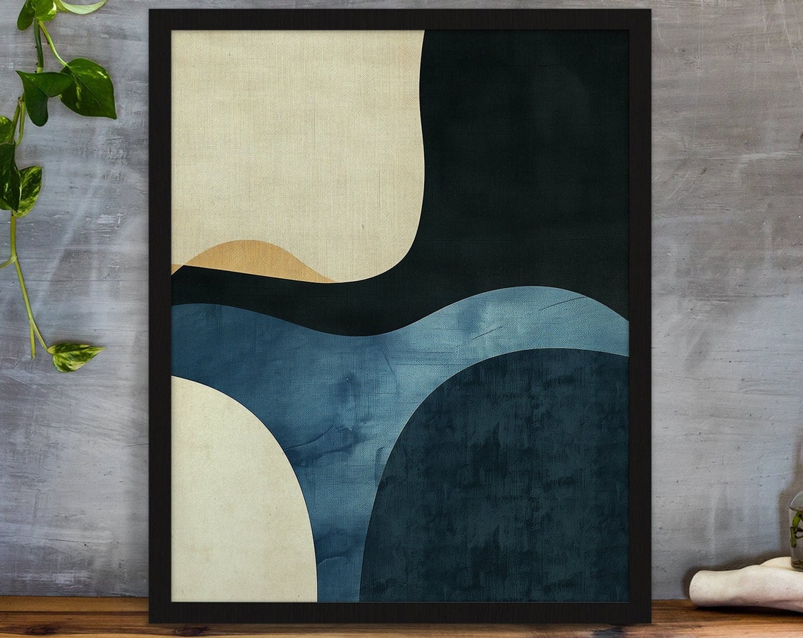 Navy Blue Cream Organic Waves Minimalist Abstract Art Poster - Image 4