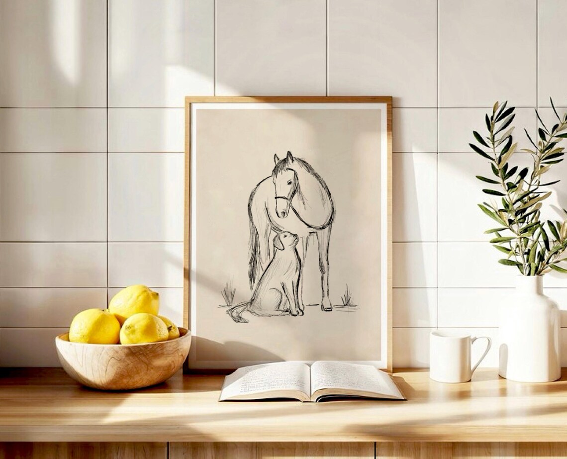 Horse And Dog Pencil Sketch Vintage Equestrian Animal Art Poster - Image 3
