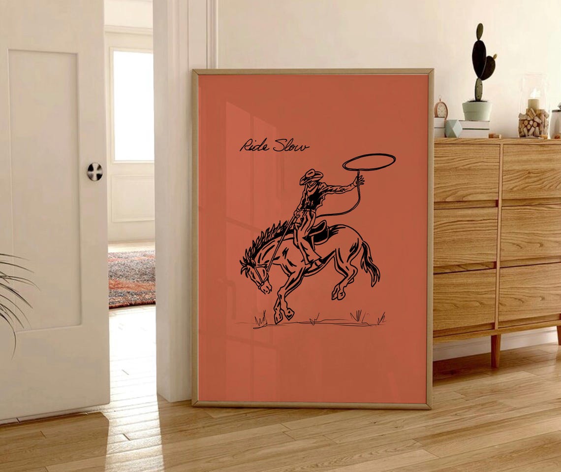 Ride Slow Cowboy Art Print Western Cowboy Wall Art Wild Horse Art Burnt Orange Wall Art Country Rodeo Poster Retro Farmhouse Decor