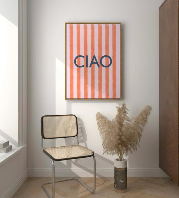 Ciao Art Print Modern Colorful Wall Art Orange Pink Striped Poster Watercolor Preppy Stripes Line Art Handdrawn Lines Art Trendy Poster