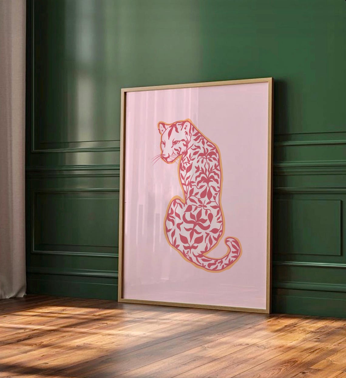 Pink Floral Leopard Silhouette Trendy Maximalist Aesthetic Poster - Image 3