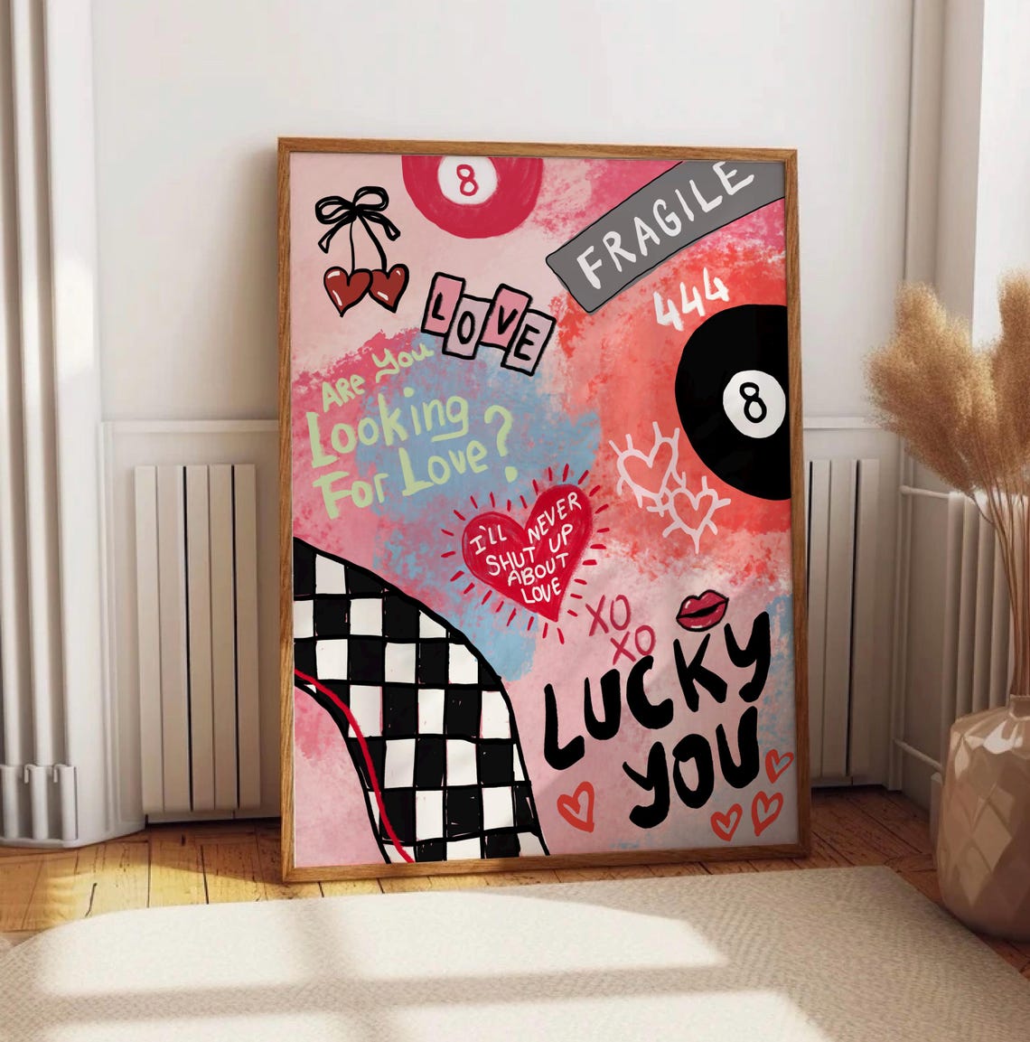 Lucky You Pink Love Collage 8 Ball Hearts Funky Aesthetic Poster