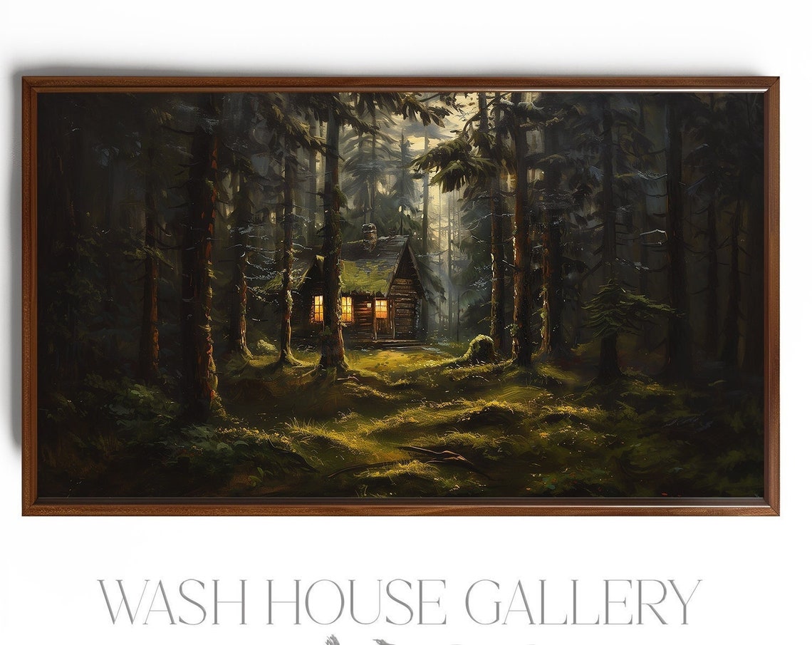 Log Cabin Glowing in a Dark Misty Evergreen Forest Night Poster