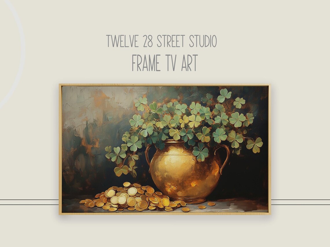St Patricks Day Pot Of Gold Coins Brass Pot Shamrock Still Life Poster