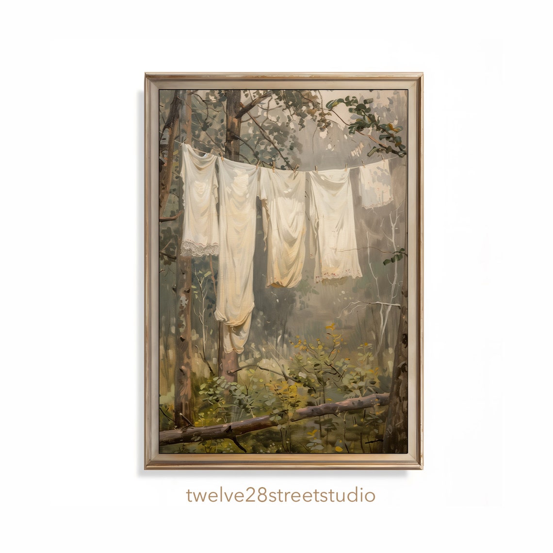White Linen Sheets Hanging Forest Vintage Oil Laundry Decor Poster