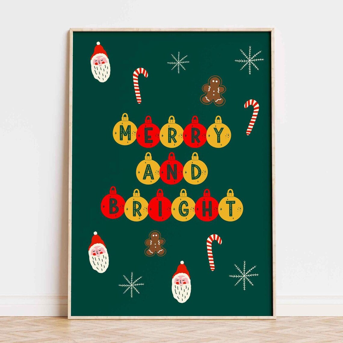 Cute Fun Merry And Bright Bauble Letters Green Christmas Poster