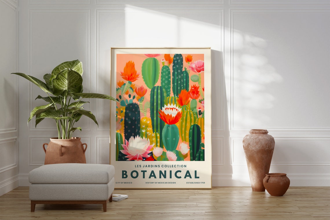 Green Cactus Orange Flowers Mexican Botanical Les Jardins Poster - Image 3