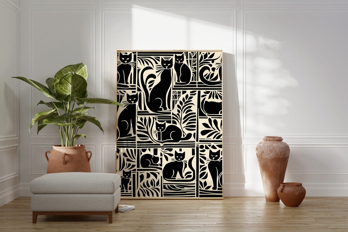 Black Cats Art Deco Pattern Silhouette Cream Animal Wall Art Poster - Image 2