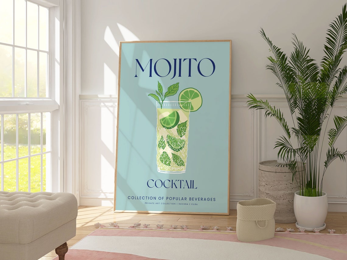Mojito Cocktail Mint Green Illustration Classic Bar Wall Art Poster - Image 2