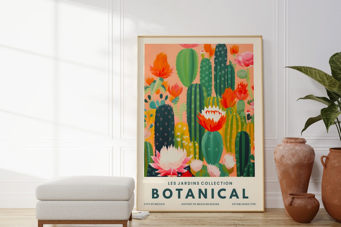 Green Cactus Orange Flowers Mexican Botanical Les Jardins Poster - Image 4