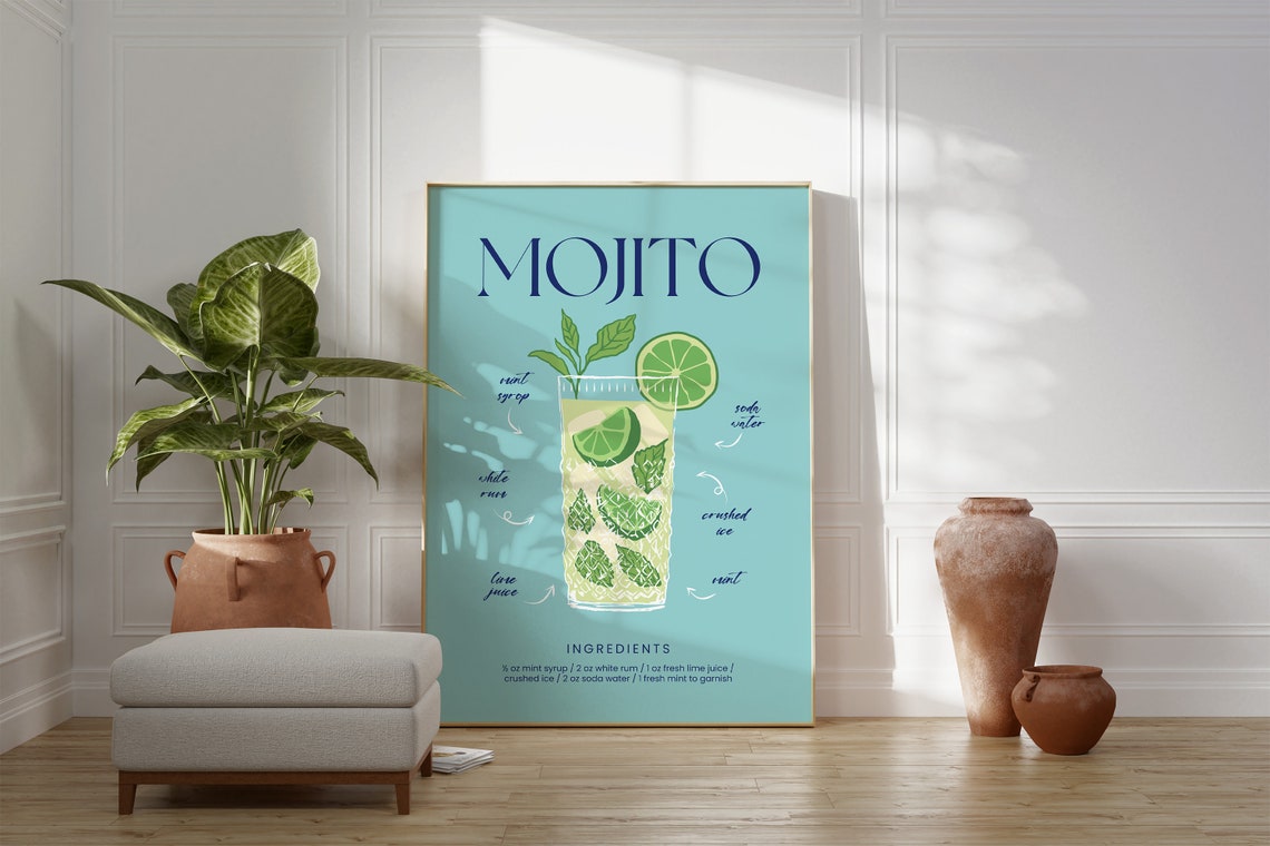 Mojito Cocktail Ingredients Recipe Chart Turquoise Bar Wall Art Poster - Image 3
