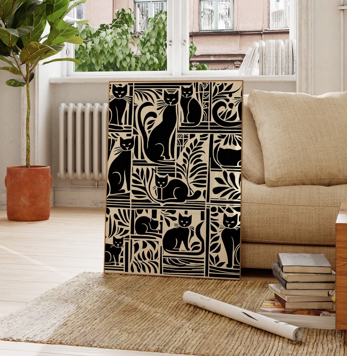 Black Cats Art Deco Silhouette Panels Animal Illustration Poster - Image 3