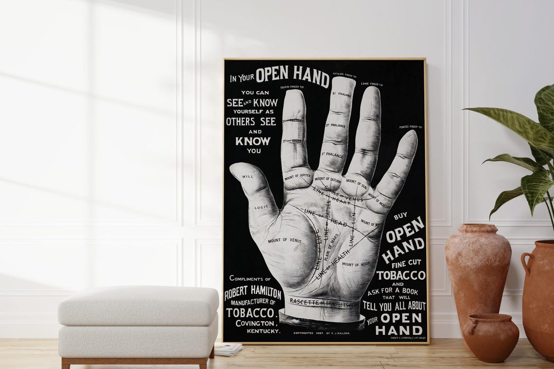 Open Hand Fortune Teller Art Poster Future Telling Artwork Original Gift Idea Psychic Wall Art Decor Gipsy Art Print Black And White - Image 4