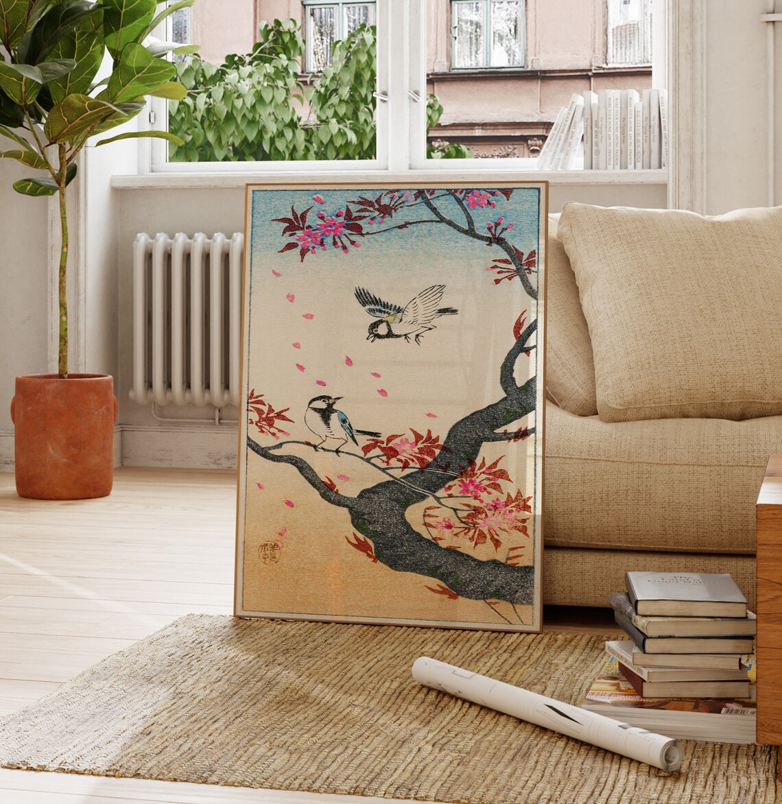 Two Songbirds Blossom Branch Japanese Woodblock Spring Bird Art Poster - Image 2