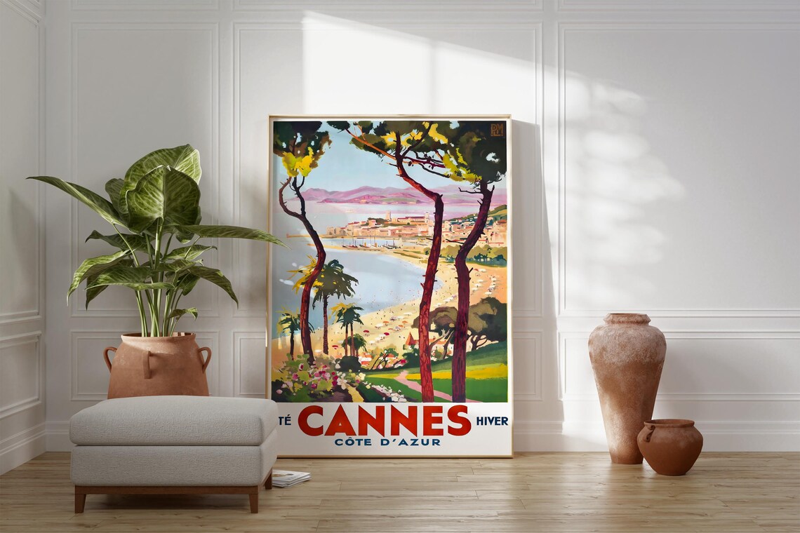 Cannes French Riviera Travel Poster Sunny Bay Beach Pine Trees View - Image 3