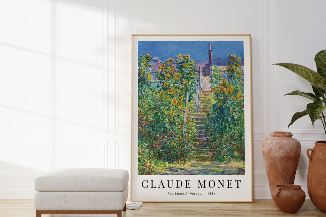 Claude Monet The Steps At Vetheuil 1881 Sunflower Path Blue Sky Poster - Image 4