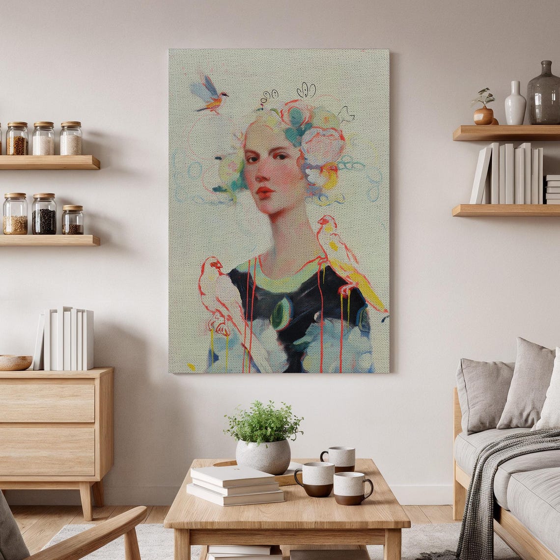 Whimsical Woman With Birds Art Print Surreal Portrait Canvas Dreamy Figurative Wall Decor Modern Feminine Artwork For Home