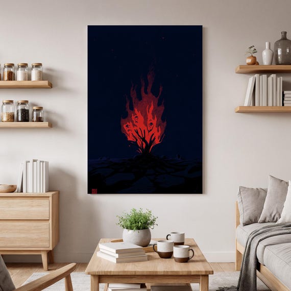Burning Tree Abstract Wall Art Dark Night Fire Canvas Surreal Flames Red Print Modern Fantasy Decor Striking