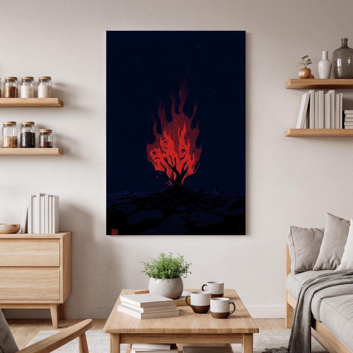 Burning Tree Abstract Wall Art Dark Night Fire Canvas Surreal Flames Red Print Modern Fantasy Decor Striking