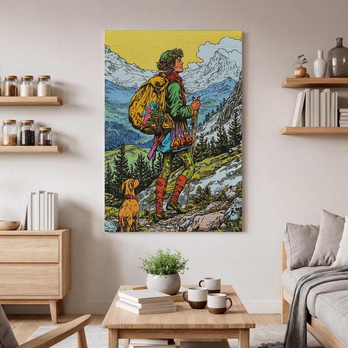 Vintage Hiker With Dog Mountain Adventure Retro Illustration Canvas Wall Art