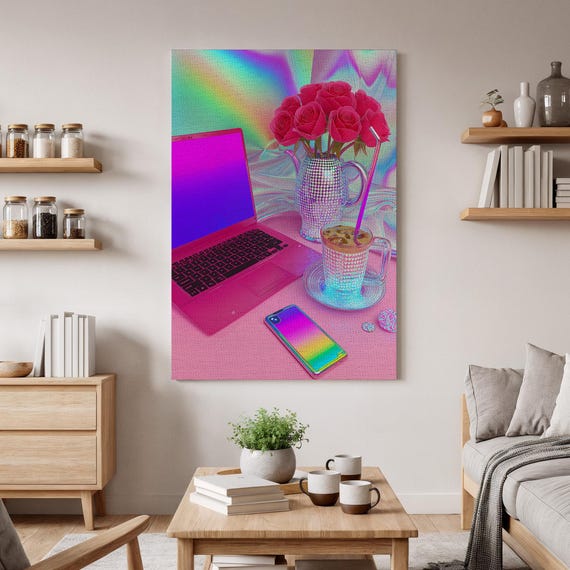 Holographic Laptop Desk Wall Art Vaporwave Canvas Neon Tech Decor Retro Futuristic Print Colorful Gamer Room
