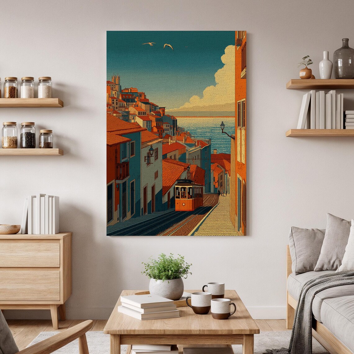 Lisbon Yellow Tram Hillside Street Seaside Retro Travel Poster
