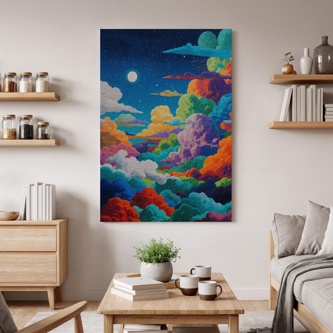 Dreamy Rainbow Cloudscape Poster Vibrant Night Sky Moon Painting Art