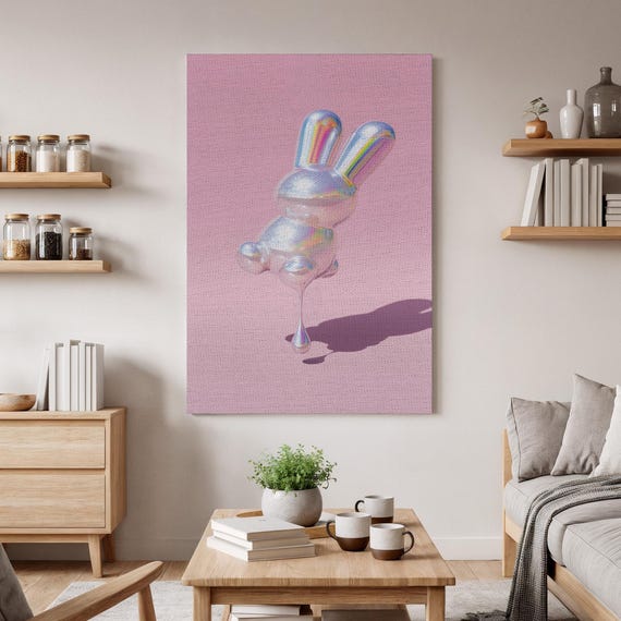 Silver Bunny Wall Art Holographic Rabbit Canvas Modern Pop Cute Animal Print Contemporary Minimal Decor Playful Room