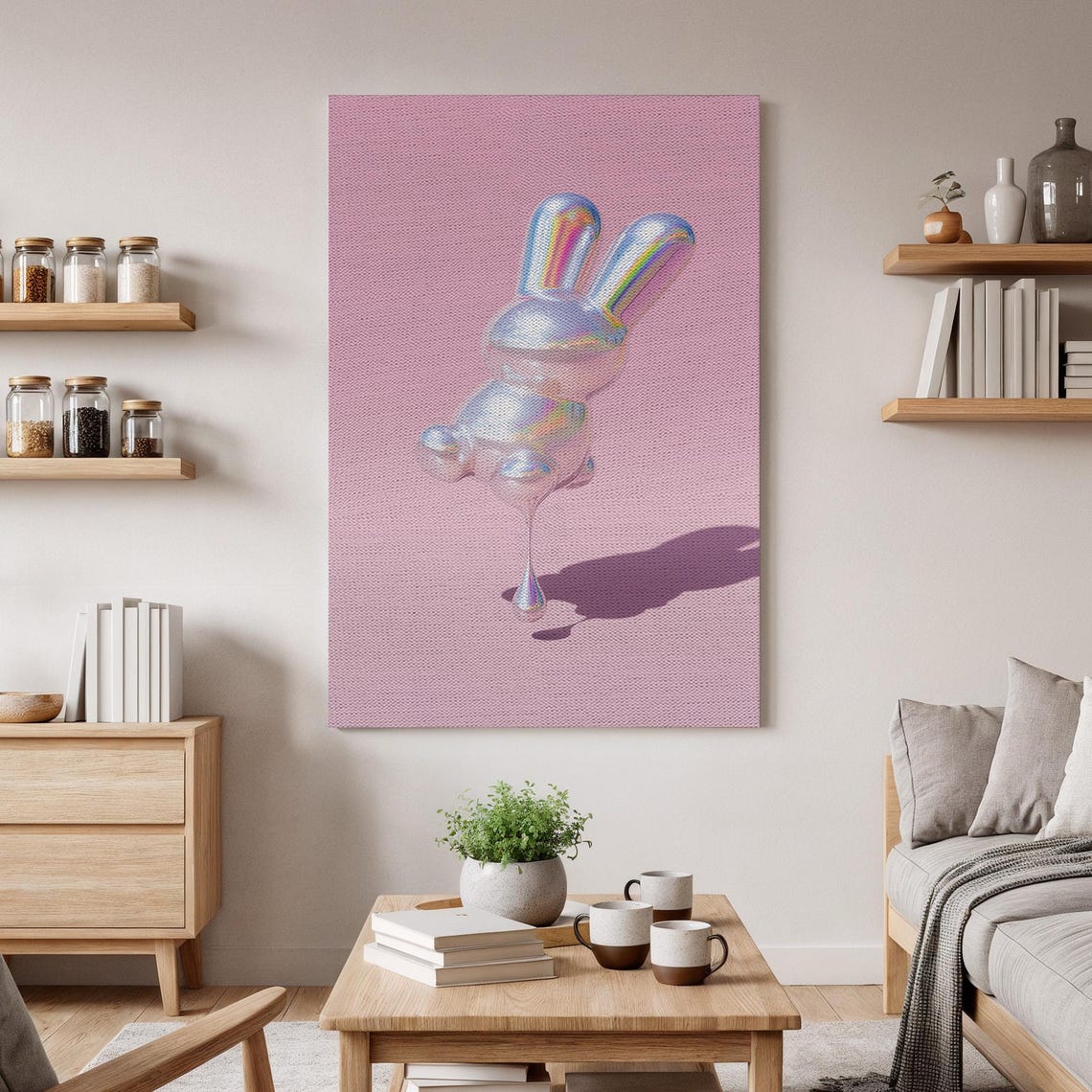 Holographic Silver Bunny Rabbit Iridescent Pink Canvas Art Print