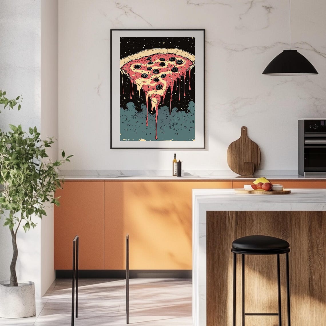 Dripping Pizza Slice Cosmic Pop Art Poster with Black Olives - Image 3