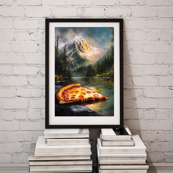Pizza Slice In Mountain Landscape Art Print Surreal Pizza And Nature Wall Art Unique Pizza Lovers Poster Fantasy Mountain Scene