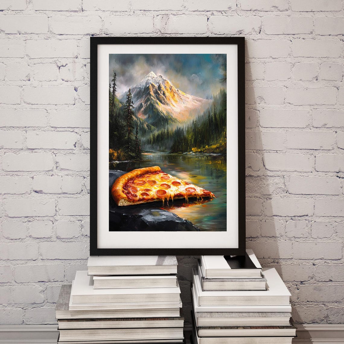 Pepperoni Pizza Slice by a Misty Mountain Lake Surreal Poster