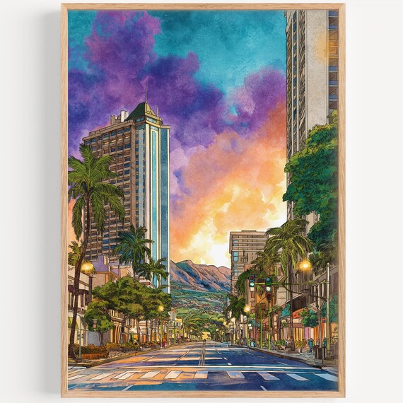 Honolulu Watercolor Painting, Hawaii Travel Poster