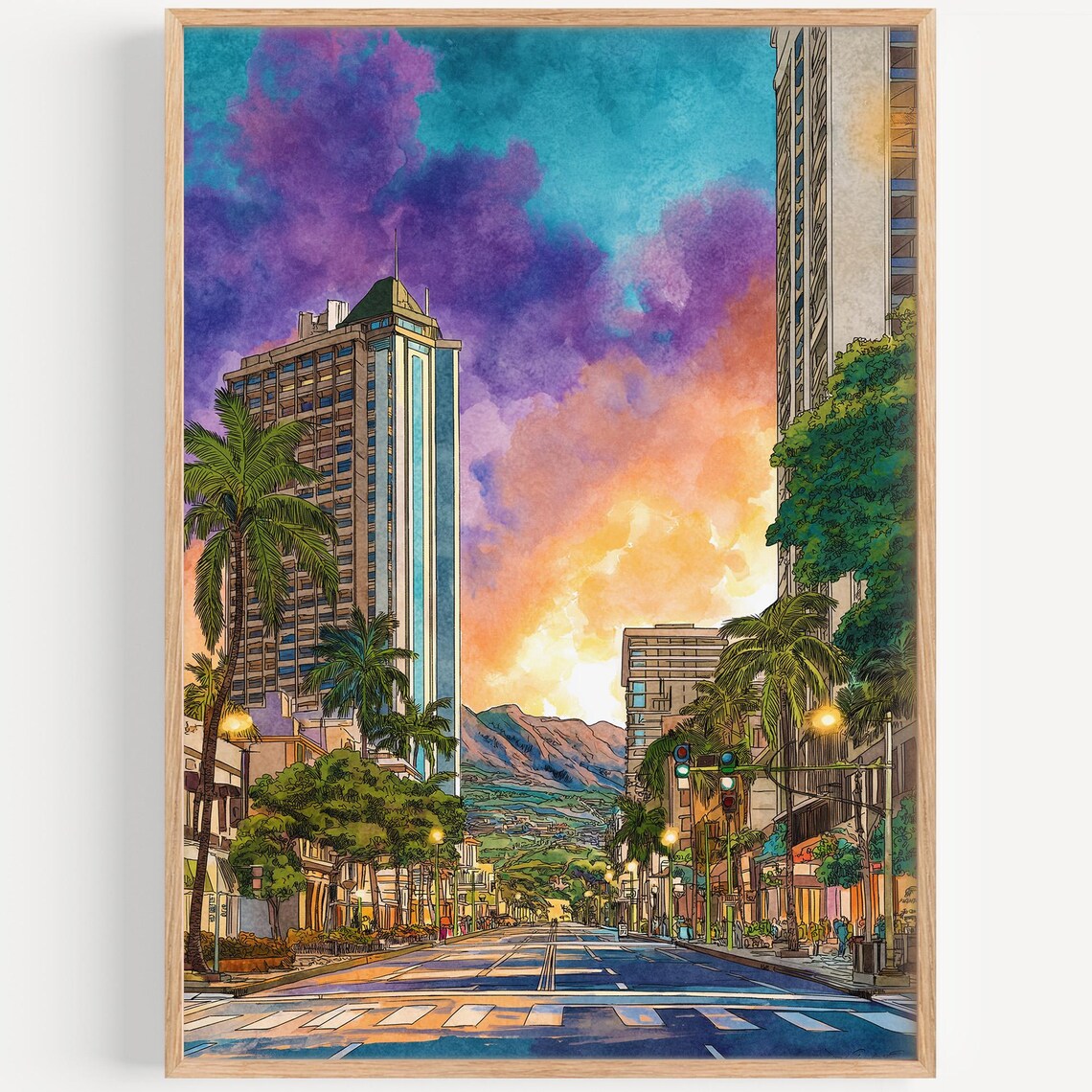 Honolulu Watercolor Painting, Hawaii Travel Poster