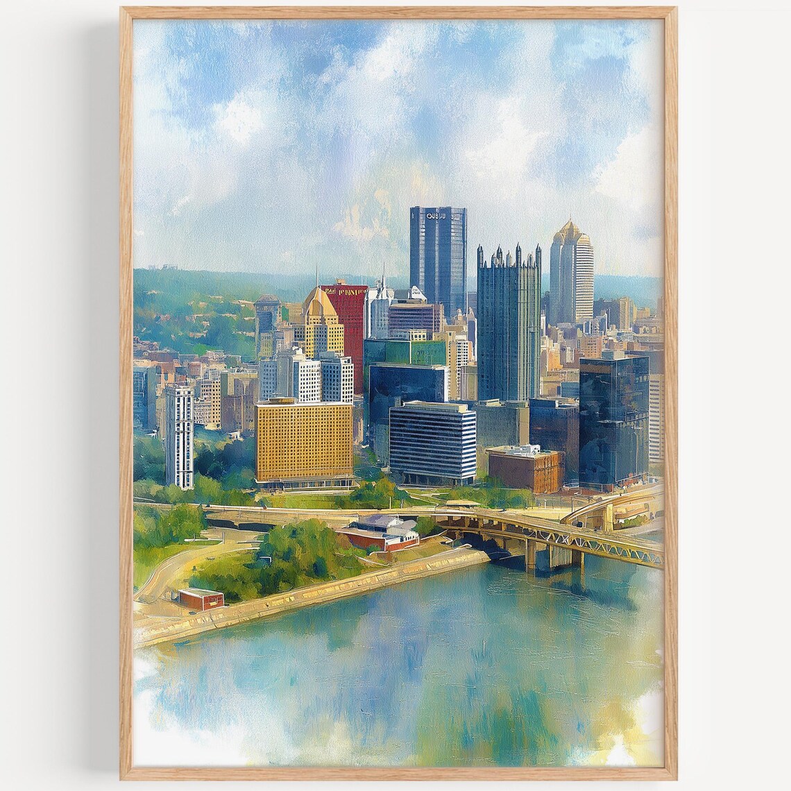 Pittsburgh Watercolor Travel Poster, Pennsylvania Decor