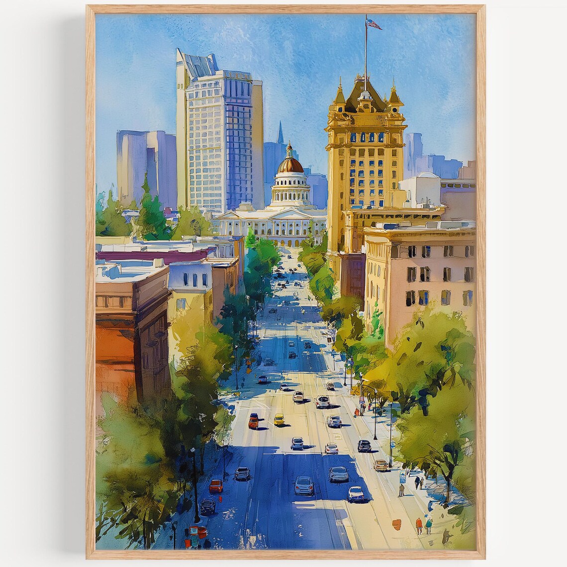 Sacramento Capitol Street Sunny Watercolor Skyline Travel Print