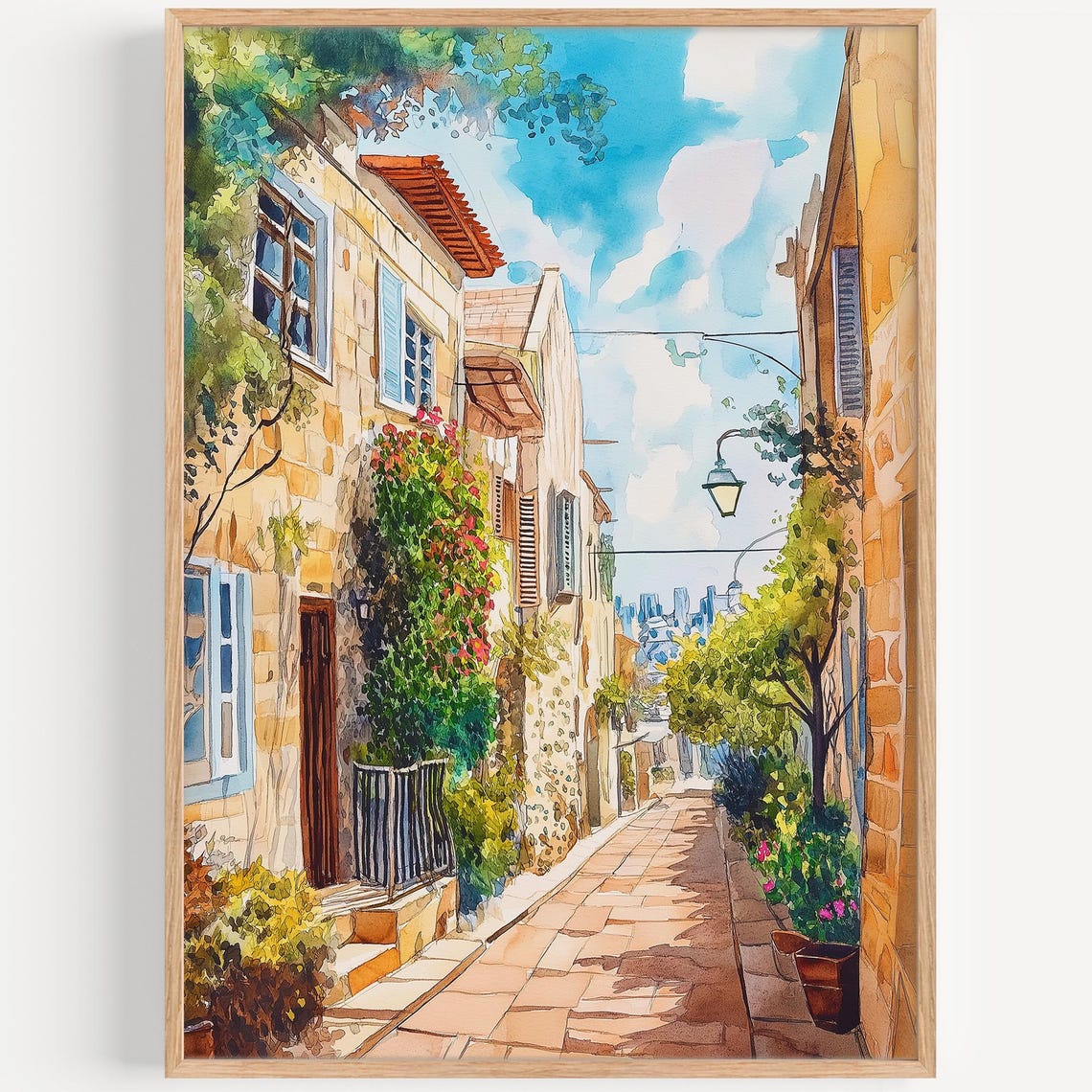 Tel Aviv Old Stone Alley Watercolor Charming Street Scene Poster