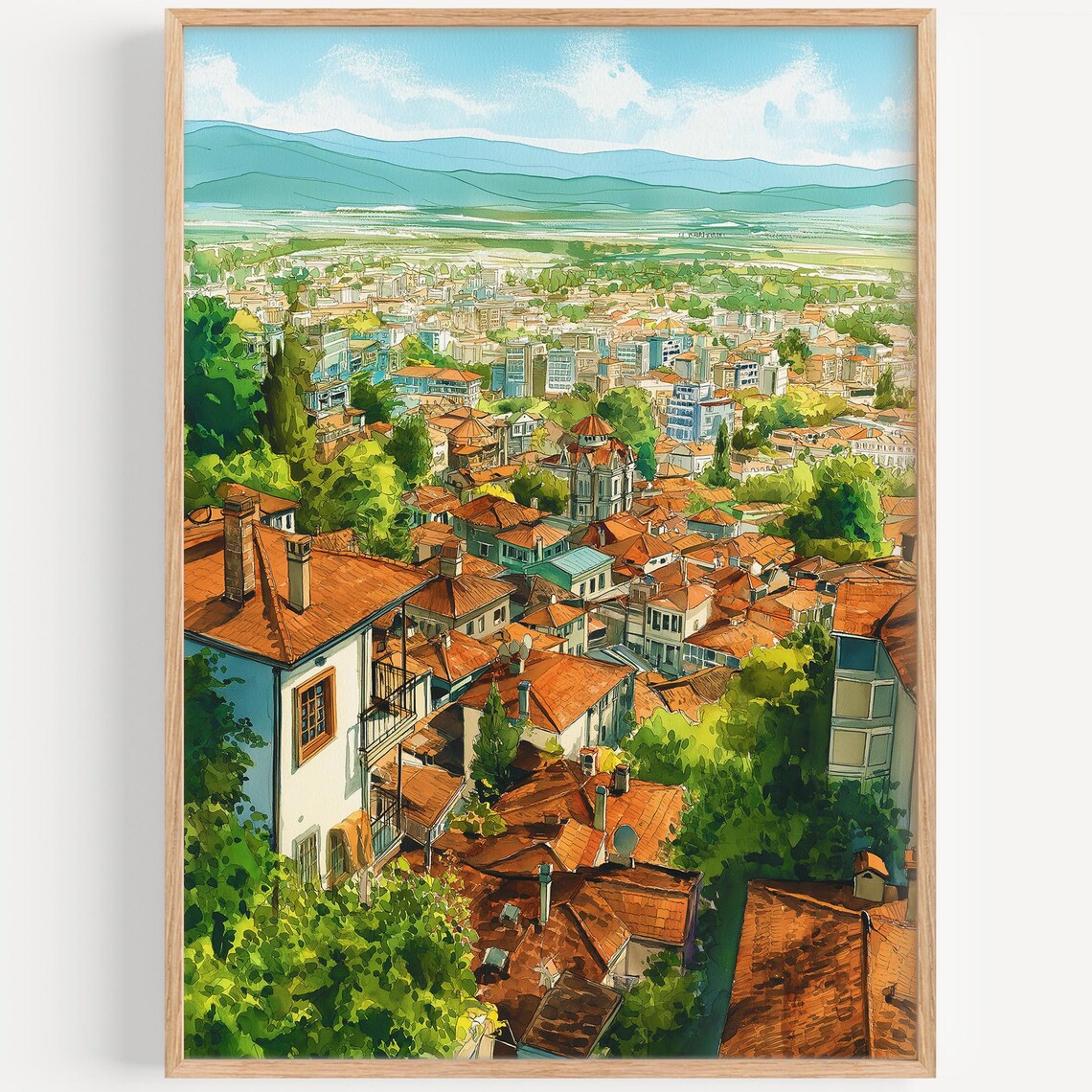 Plovdiv Bulgaria Old Town Watercolor Terracotta Roofs Travel Poster