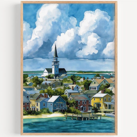 Nantucket Watercolor Painting Wall Art Print Travel Poster Massachusetts Decor Illustration Home