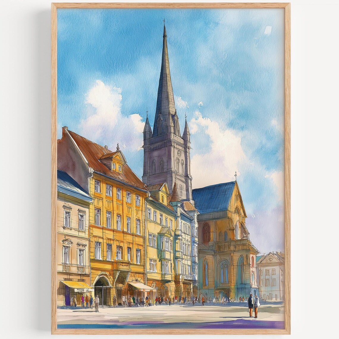 Pilsen Czech Old Town Watercolor Historic Square Travel Poster