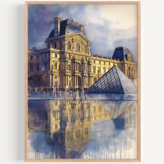 Louvre Museum Paris Watercolor Poster Glass Pyramid Travel Art Painting