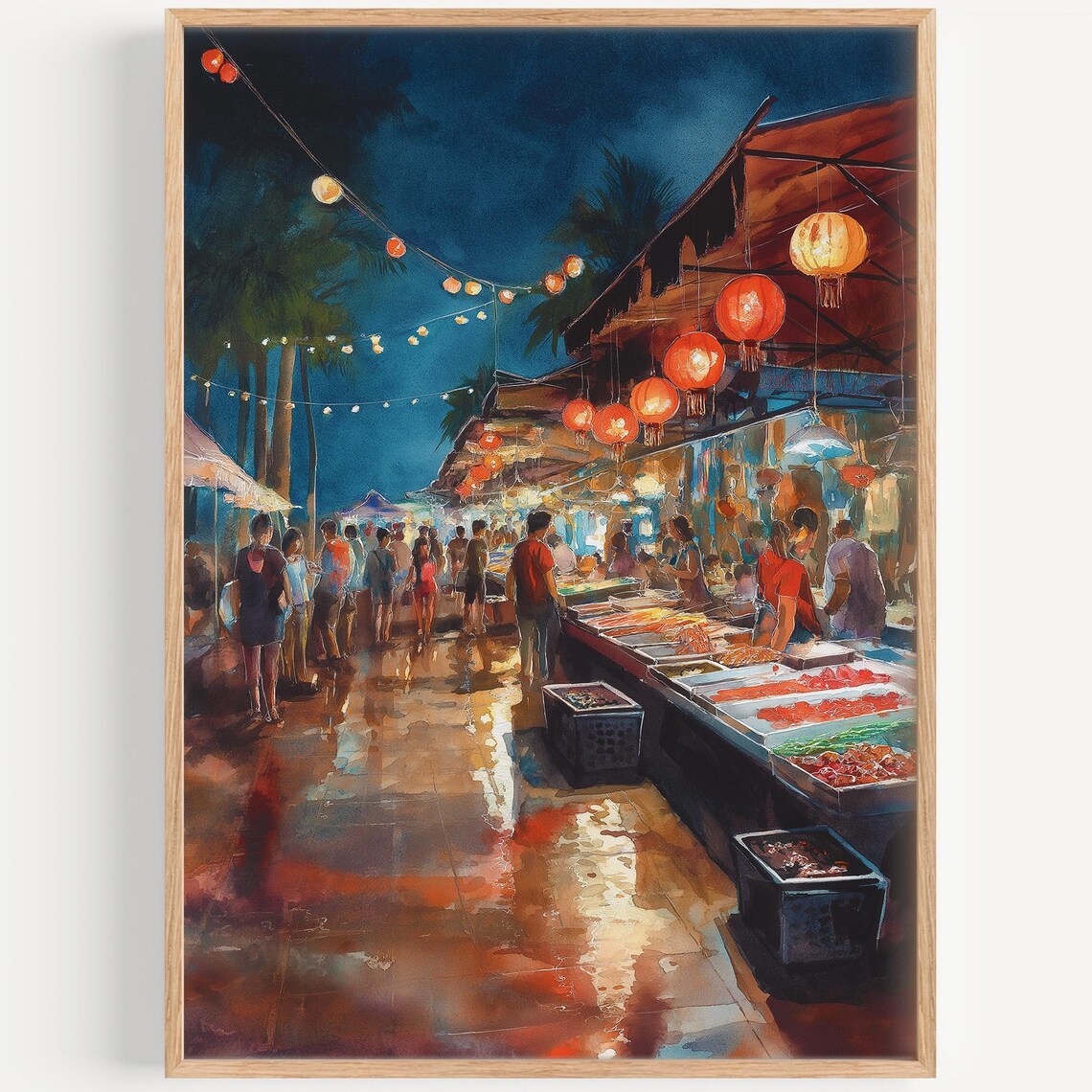 Phu Quoc Vietnam Night Market Lanterns Watercolor Travel Poster