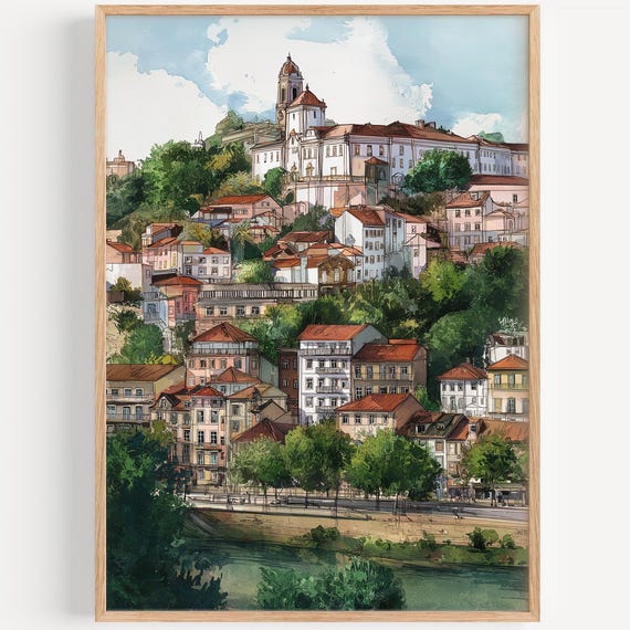 Coimbra Watercolor Painting Wall Art Print Travel Poster Portugal Decor Illustration Home