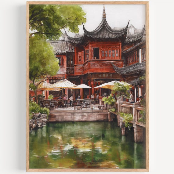 Yu Garden Watercolor Painting Wall Art Print China Travel Poster Decor Illustration Home