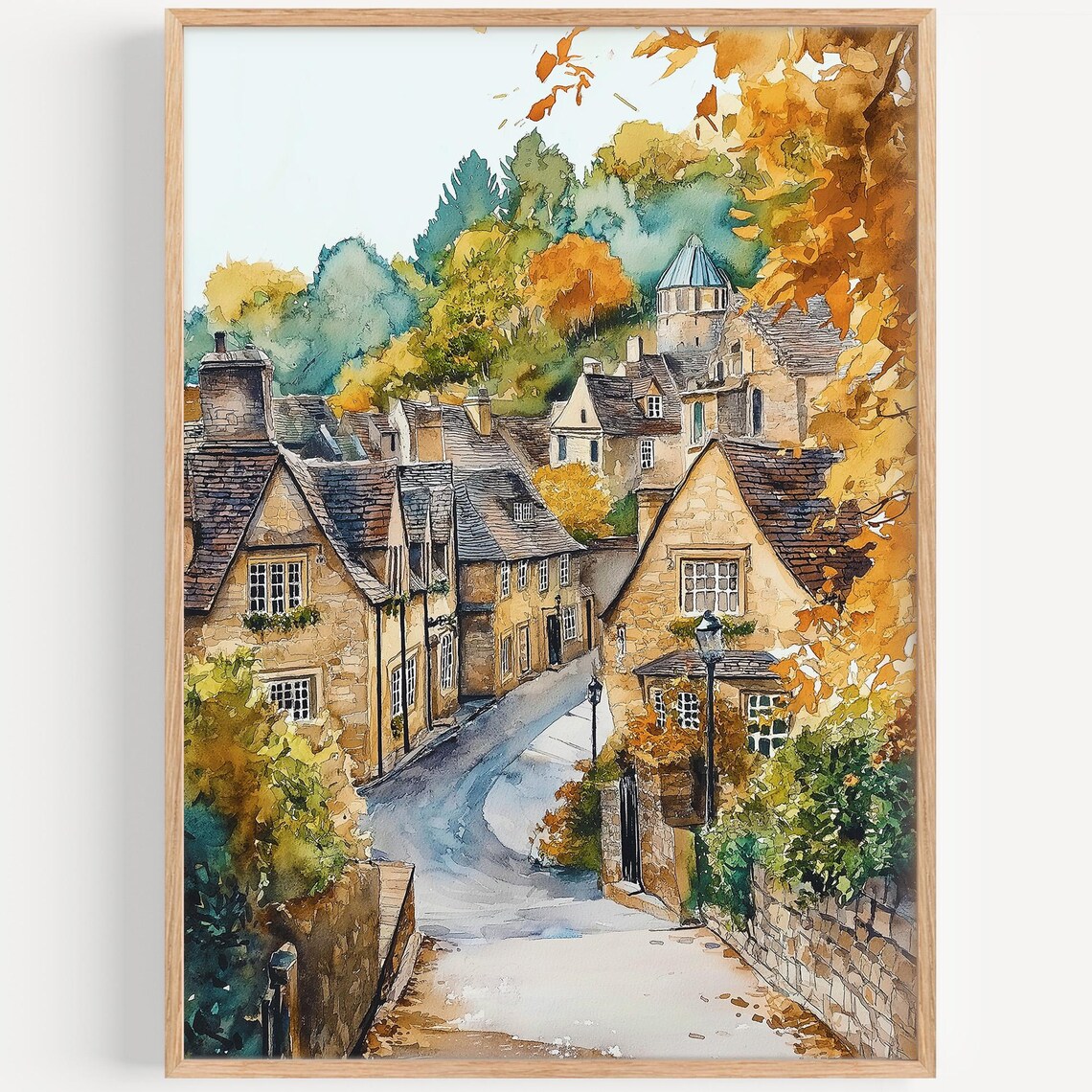 Castle Combe England Cotswold Village In Autumn Watercolor Painting Poster