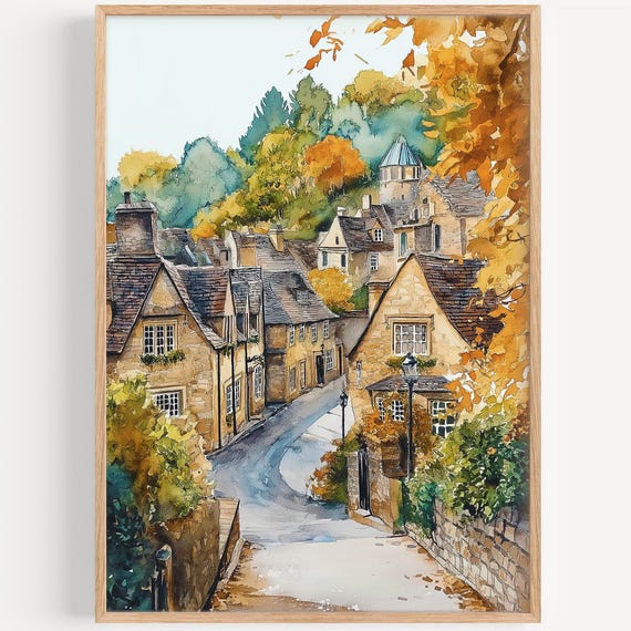 Castle Combe Watercolor Painting Wall Art Print Travel Poster Uk Decor Illustration Home