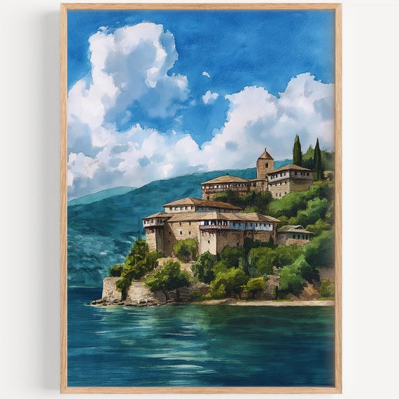 Mount Athos Watercolor Painting Wall Art Print Travel Poster Greece Decor Illustration Home
