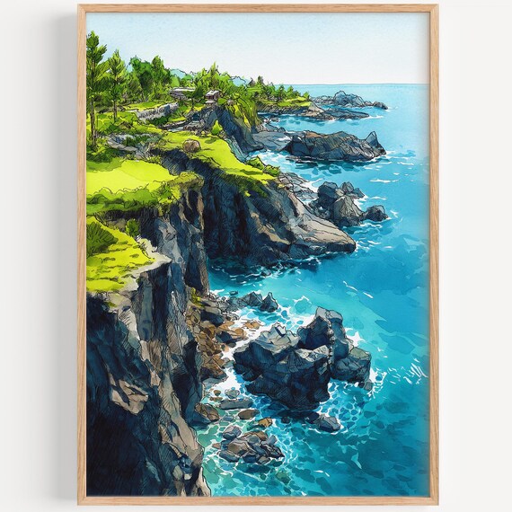 Jeju Island Coastal Cliffs Blue Ocean Watercolor Travel Poster